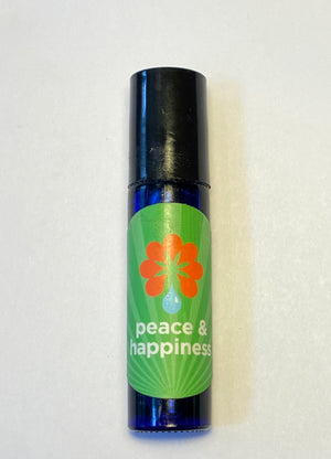 Cobalt blue rollerball filled with Peace and Happiness aromatherapy blend.