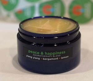 
            
                Load image into Gallery viewer, Four ounce cobalt jar of Peace and Happiness Himalayan Salt Scrub.  The label states it has ylang ylang, bergamot, lemon
            
        