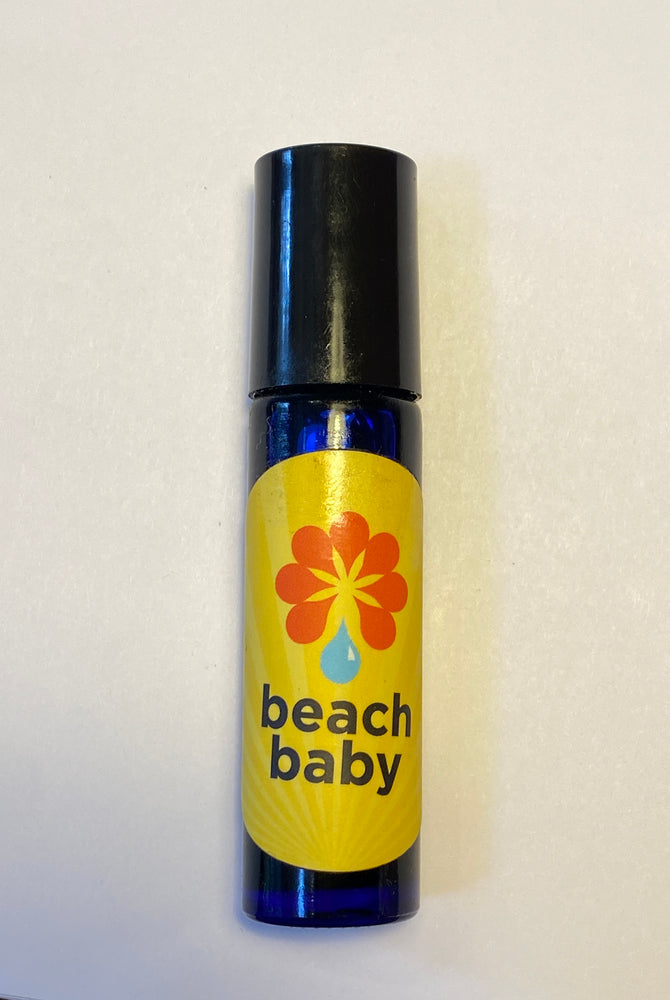 Cobalt blue rollerball filled with Beach Baby aromatherapy blend.